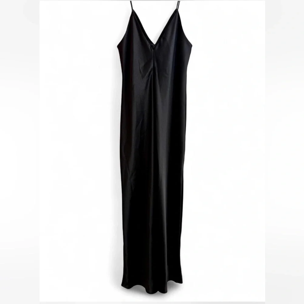 Zara Black Satin V-Neck Slip Dress - Picture 2 of 7